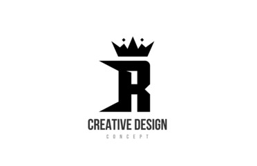 R black and white alphabet letter logo icon design with king crown and spikes. Template for company and business