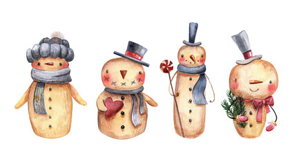 Watercolor set of cute cartoon style snowman. Childish hand-drawn illustration isolated on the white background.