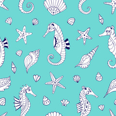 Seamless vector pattern with sketch of hippocampus, starfish and sea shells. Sea seamless vector pattern. Decoration print for wrapping, wallpaper, fabric.