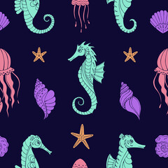Seamless vector pattern with sketch of seahorses, jellyfish, sea stars and sea shells. Sea seamless vector pattern. Decoration print for wrapping, wallpaper, fabric. 