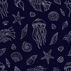 Seamless vector pattern with sketch of jellyfish, fish, sea shells and starfish. Sea seamless vector pattern. Decoration print for wrapping, wallpaper, fabric.