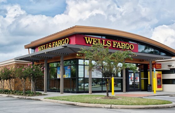 Wells Fargo bank branch exterior located in Houston, Texas. Founded in 1852 San Francisco, California. One of the worlds largest banks.