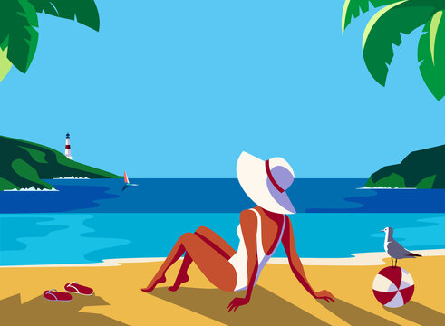 Female resting on sea sand beach enjoy tropical seascape. Travel retro style poster flat design. Summer seaside blue ocean scenic view background. Sea beach vacation tourist leisure trip illustration