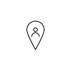 Vector symbol drawn with black thin line. Simple monochrome sign perfect for articles, books, stores, shops. Line icon of user inside of geolocation sign