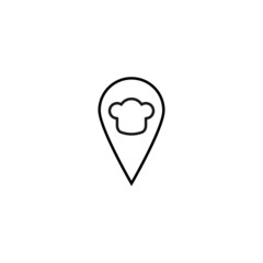 Vector symbol drawn with black thin line. Simple monochrome sign perfect for articles, books, stores, shops. Line icon of chefs hat inside of geolocation sign
