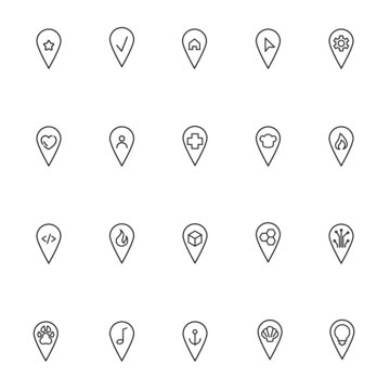Line icon set with vector monochrome outline symbols of checkmark, house, cursor, gear, star, user, cross, heart, flame, cube inside of geolocation sign