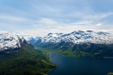 Norwegian fjords. Lake. Spring. Snow.  