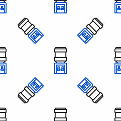 Fototapeta premium Line Water cooler for office and home icon isolated seamless pattern on white background. Water dispenser. Bottle office, plastic and liquid. Colorful outline concept. Vector