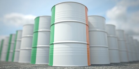 Flag of Ireland on the barrels or steel drums. Chemical or oil industry related 3D rendering