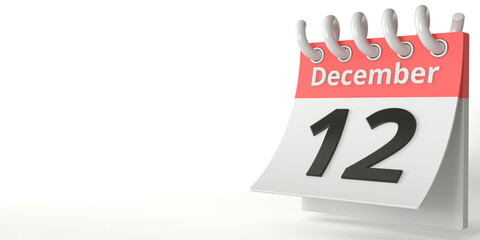 December 12 on a tear-off calendar, 3d rendering