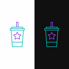 Line Paper glass with drinking straw and water icon isolated on white and black background. Soda drink glass. Fresh cold beverage symbol. Colorful outline concept. Vector