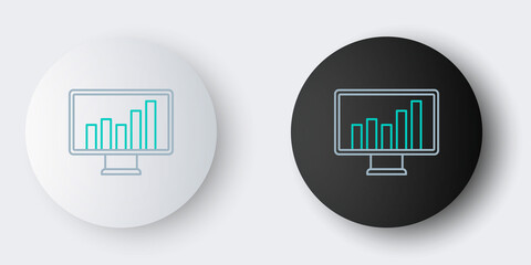 Line Computer monitor with graph chart icon isolated on grey background. Report text file. Accounting sign. Audit, analysis, planning. Colorful outline concept. Vector