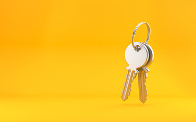 Estate concept, key ring and keys on bright yellow background. 3d rendering