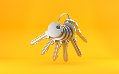 Big bunch of keys on a key chain. Estate concept, key ring and keys on bright yellow background. 3d rendering