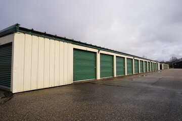 Green door storage units for the community to use.