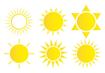 Sun icon set. Weather sun icon. Yellow sun star. Summer elements for design. Vector illustration