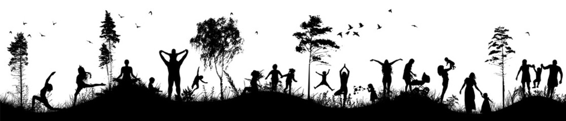 Family in nature. Silhouettes of people. Vector illustration