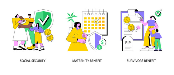 State allowance abstract concept vector illustration set. Social security, maternity and survivors benefit, retirement insurance, parental support, death certificate, financial help abstract metaphor.