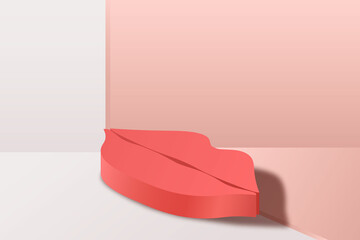 Red podium, shape of lips on pink and white background. Product presentation, mock up, show cosmetic product, stage pedestal or platform
