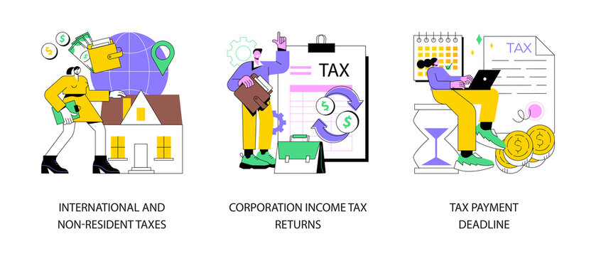 Tax Planning And Preparation Abstract Concept Vector Illustration Set. International And Non-resident Taxes, Corporation Income Tax Return, Payment Deadline, Vat Refund, Fiscal Year Abstract Metaphor.