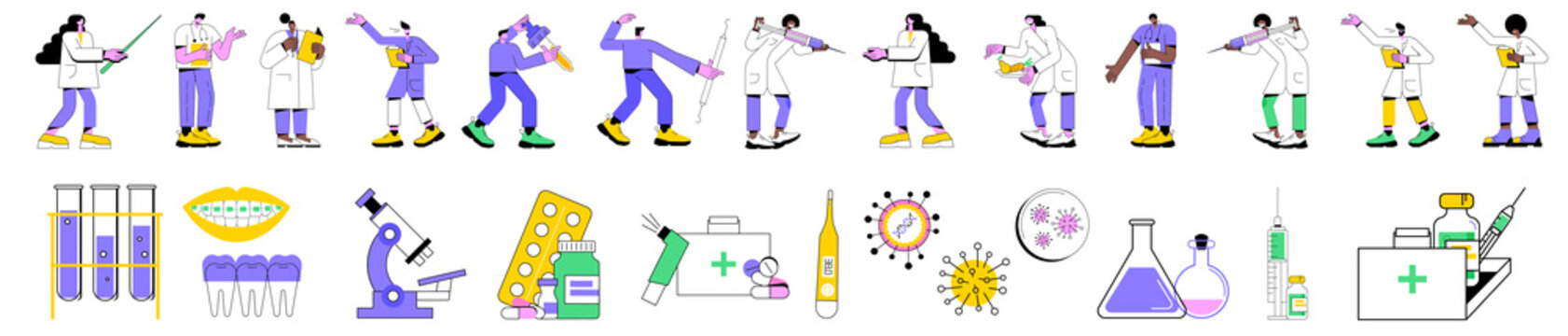 Colorful linear vector isolated illustration bundle set of medical worker characters. Hospital doctors and nurses, medical laboratory test tube, dentistry and pharmacy, disease diagnosis and treatment