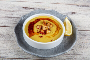 Red lentil soup. Traditional Turkish cuisine dishes.