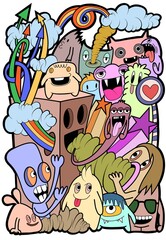 Obraz na płótnie Canvas Hand-drawn illustrations, monsters doodle, Hand Drawn cartoon monster illustration,Cartoon crowd doodle hand-drawn Doodle style.