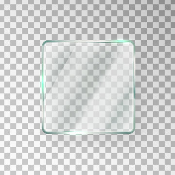 Glass square window texture. Gloss screen effect. Plastic plate mockup. Mirror panel. Digital frame. Clear button. Glossy tag and badge. Shiny framework. Light rectangle banner. Vector illustration