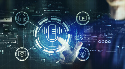 Podcast theme with young man touching a digital screen at night