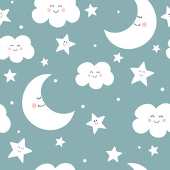 Seamless childish pattern with cute moon, clouds and stars. Vector illustration.