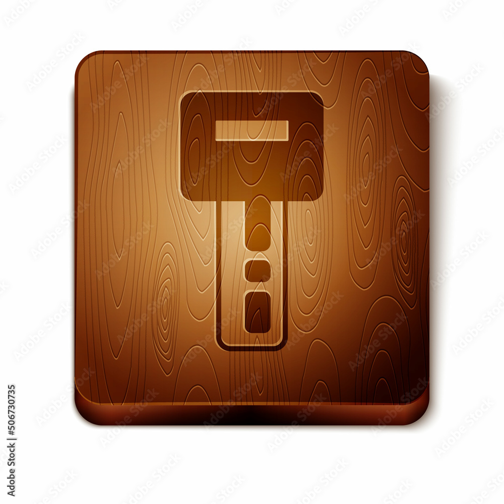 Poster brown car key with remote icon isolated on white background. car key and alarm system. wooden square