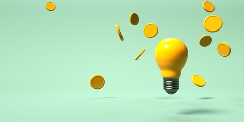 Light bulb with flying coins - 3D render illustration