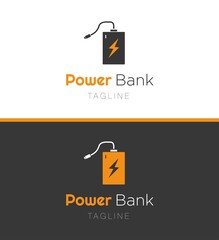 Power bank logo template, mobile smartphone gadget logotype, electronic device charger vector icon design, orange adaptor branding, isolated on background