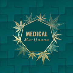 Medical Marijuana Heptagon Shape Concept with Cannabis Leaves Composition and Logo Lettering over Repeating Medical Cross Backdrop - Gold on Turquoise Background - Hand Drawn Design