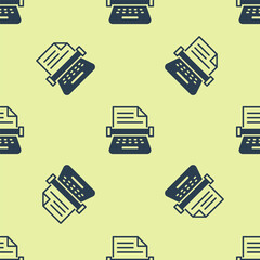 Fototapeta premium Blue Retro typewriter and paper sheet icon isolated seamless pattern on yellow background. Vector