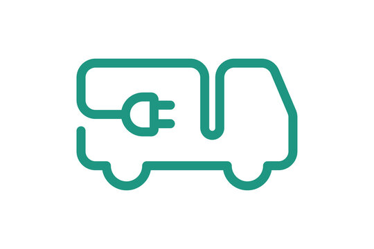 Electric delivery truck icon. Green cable electrical lorry contour and plug charging symbol. Eco friendly electro vehicle sign concept. Vector battery powered transportation eps illustration