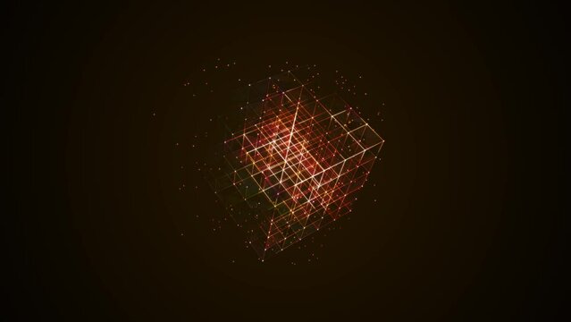 Graphic neon animated symbol of squares, rhomb, dots. Architecture maze. Pattern randomly rotating Rubik's Cube. Rainbow glow. Weightlessness. Background logo, technology, medicine, business. 4k.