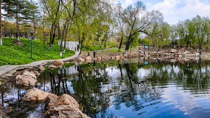 The scenery of Yuhua Garden in Changchun, China in spring