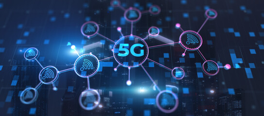 5G network digital hologram. High-speed mobile and internet on city background