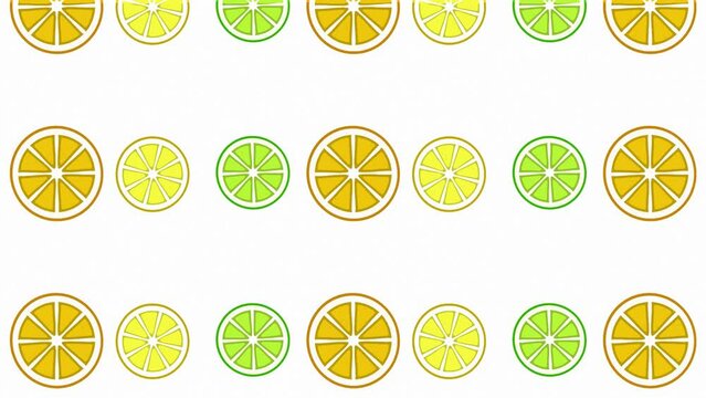 Slices of drawn citrus fruits are moving on a white background