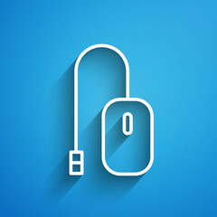 White line Computer mouse icon isolated on blue background. Optical with wheel symbol. Long shadow. Vector Illustration