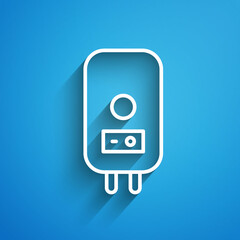 White line Electric boiler for heating water icon isolated on blue background. Long shadow. Vector