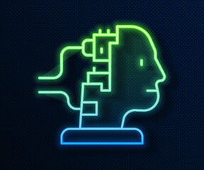 Glowing neon line Robot connected for maintenance icon isolated on blue background. Artificial intelligence, machine learning, cloud computing. Vector