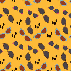 Background of summer sunglasses. Illustration of sunglasses in a flat set of icons. Pattern with glass for textiles. Vector illustration