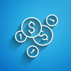 White line Coin money with dollar symbol icon isolated on blue background. Banking currency sign. Cash symbol. Long shadow. Vector