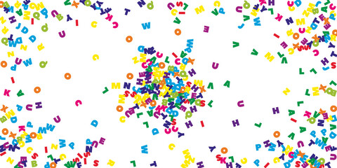 Fototapeta premium Falling letters of English language. Colorful flying words of Latin alphabet. Foreign languages study concept. Adorable back to school banner on white background.