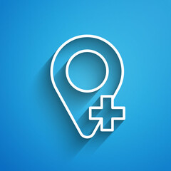 White line Map pin icon isolated on blue background. Navigation, pointer, location, map, gps, direction, place, compass, search concept. Long shadow. Vector