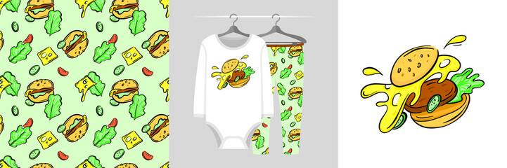 Seamless pattern and illustration set with tasty burger. Baby design pajamas, background for apparel, room decor, tee prints, baby shower, fabric design, wrapping