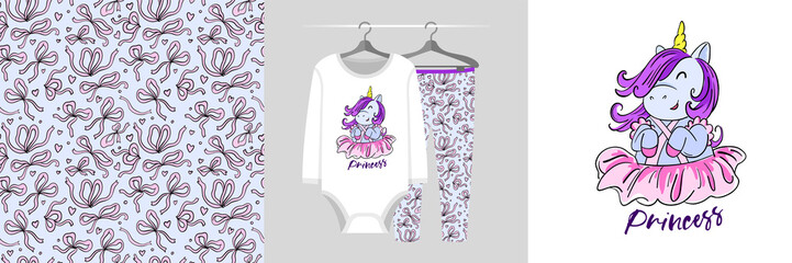 Seamless pattern and illustration set with cute   unicorn ballerina princess. Baby design pajamas, background for apparel, room decor, tee prints, baby shower, fabric design, wrapping. © stocklene