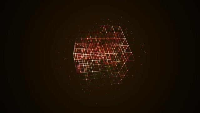 Graphic neon animated symbol of squares, rhomb, dots. Architecture maze. Pattern randomly rotating Rubik's Cube. Rainbow glow. Weightlessness. Background logo, technology, medicine, business. 4k.